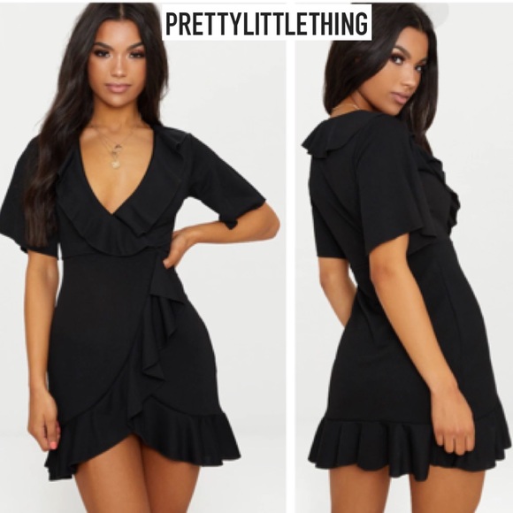 Prettylittlething Black Frill Detail Wrap Dress - Picture 2 of 9